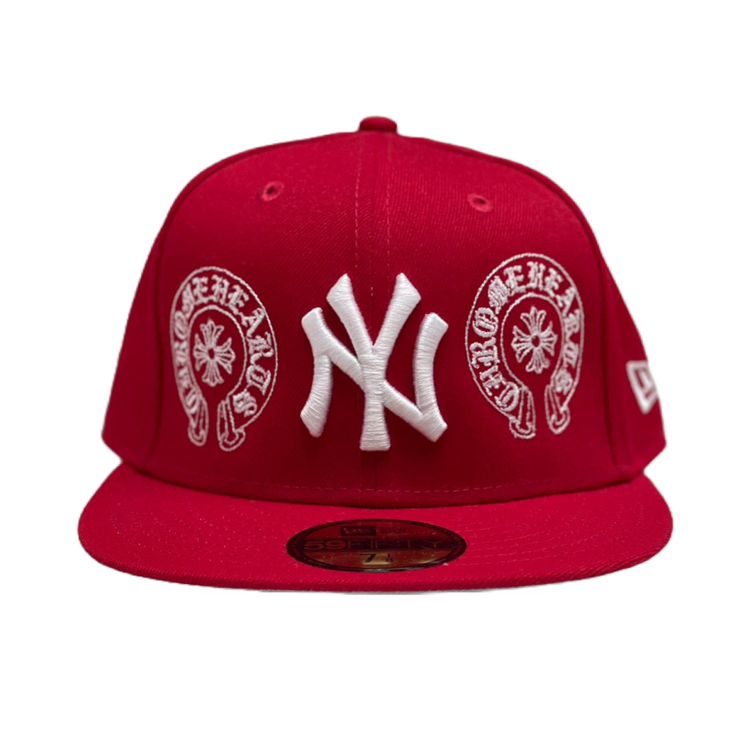 Red Chrome Hearts New York Yankees Exclusive 59FIFTY Fitted Cap Grey Undervisor